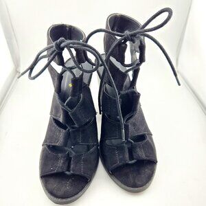 Qupid DC92 Black Suede Gladiator Heels | Women’s Size 6.5 Peep Toe Bootie Sandal